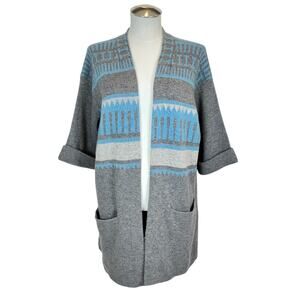 SUNDANCE Sz PM Quiet‎ Isle Open Front Cardigan Sweater. Gray, Blue. Pockets Cozy